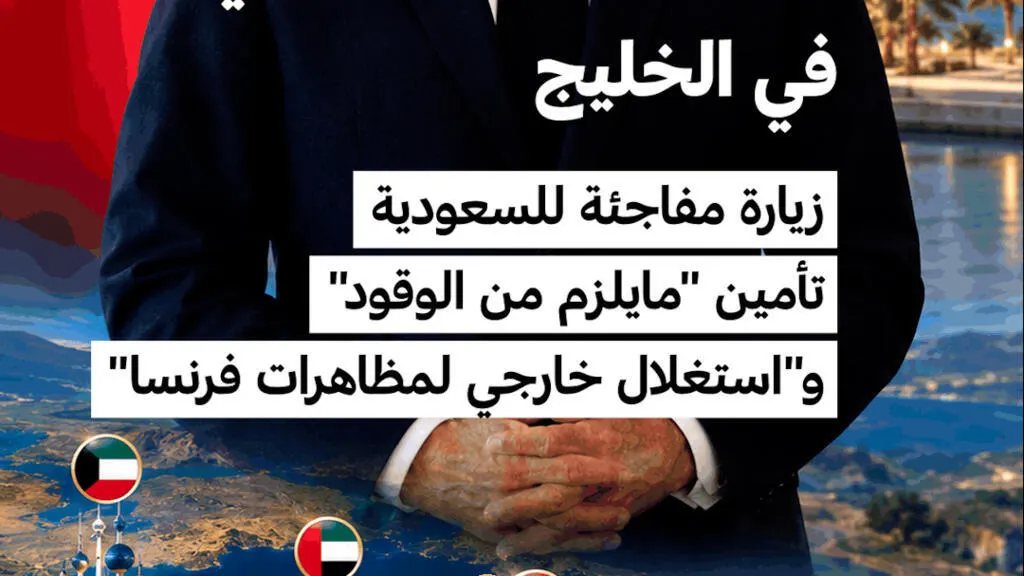 صورة مرافقة للخبر: جولة الرئيس الفرنسي في الخليج: زيارة مفاجئة للرياض.. وتأمين الوقود و"استغلال خارجي للمظاهرات"