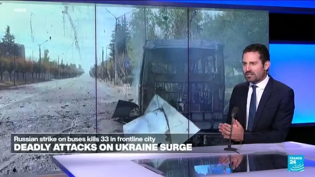 Image accompanying: Russian attack on Ukraine busses part of 'a steady increase in attacks on civilians'