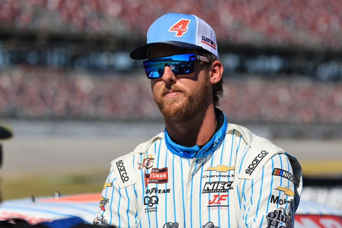 Image accompanying: Cleetus McFarland “pissed” after early Talladega NASCAR Truck crash